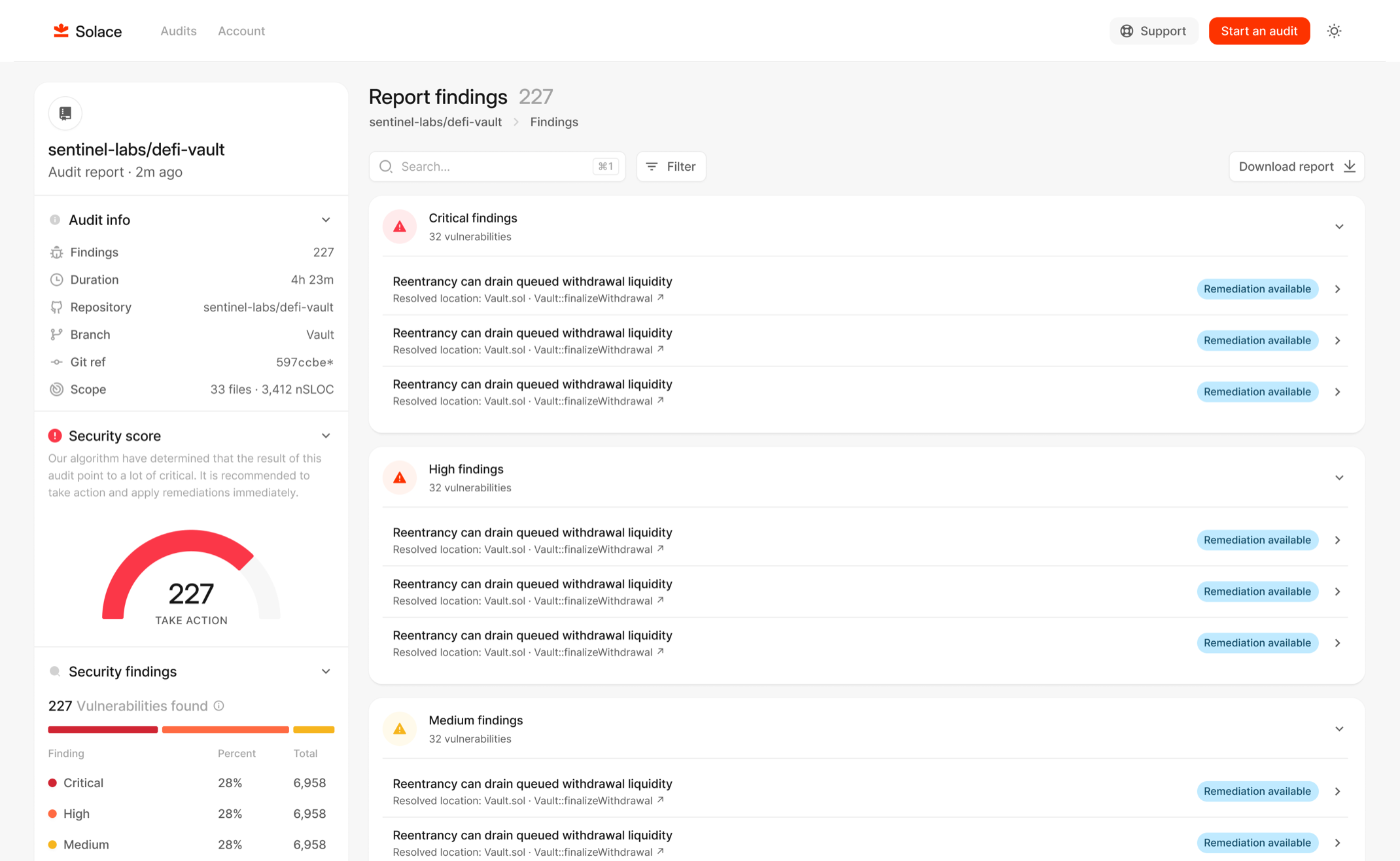 Solace sample report showing severity-ranked findings, audit scope, and remediation details.